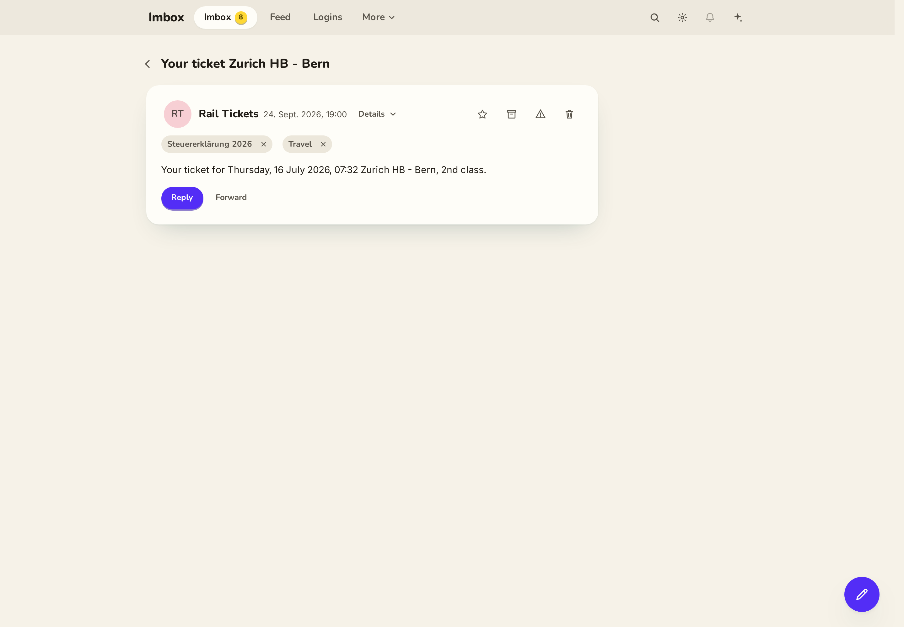 Reader at 1440 px with two tag chips under the sender