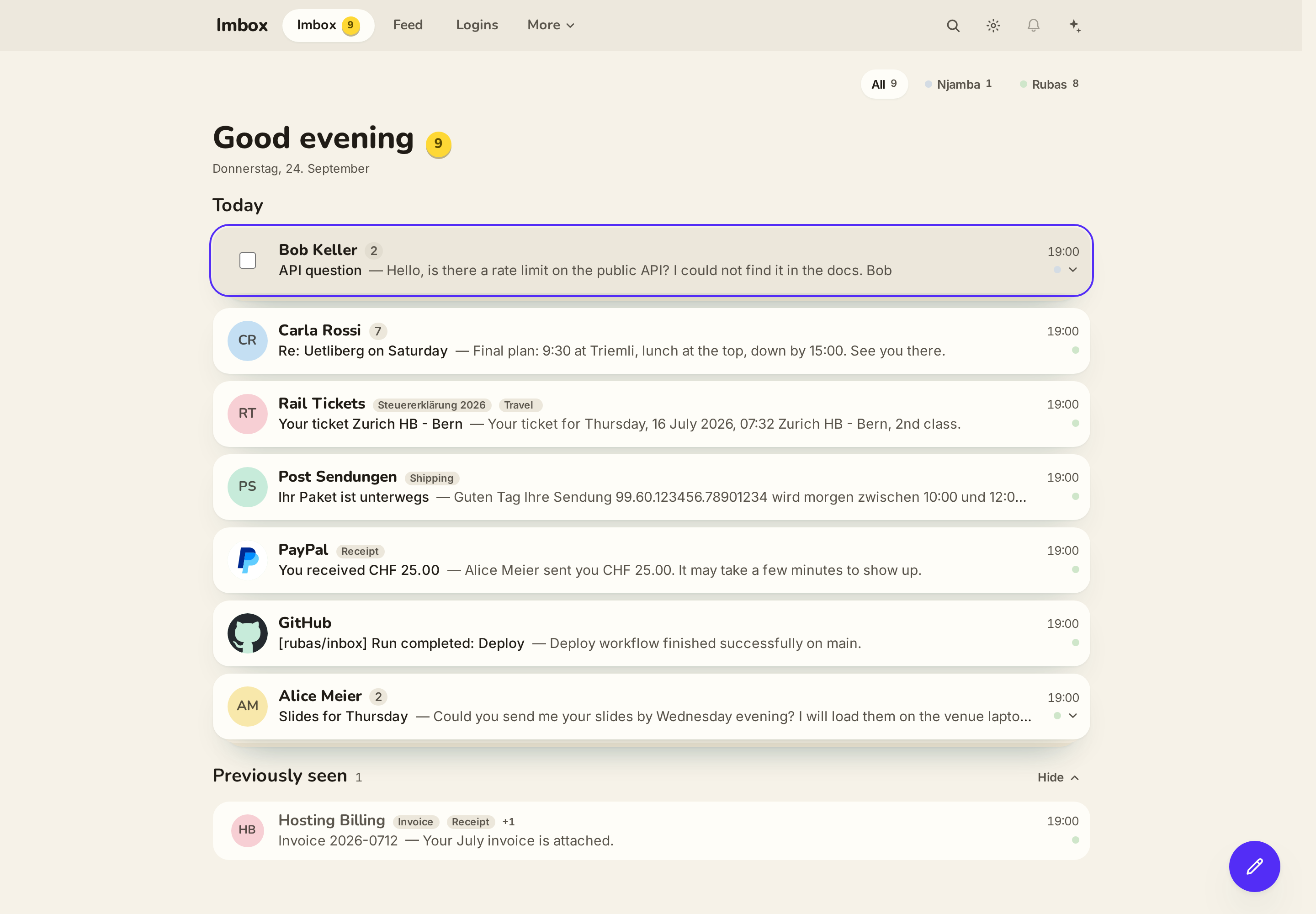 Imbox at 1440 px with tag labels after the sender name