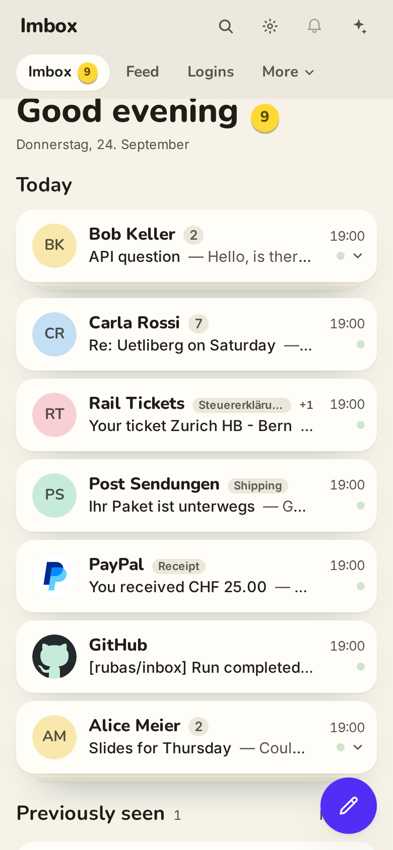 Imbox at 390 px with tag labels